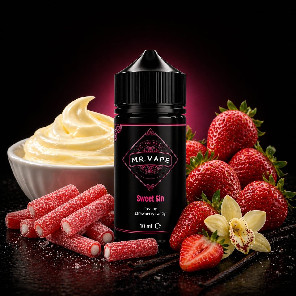 MR.VAPE Sweet Sin bottle centered among strawberries, cream, and pink candy sticks, highlighting creamy strawberry candy flavor (10 ml).
