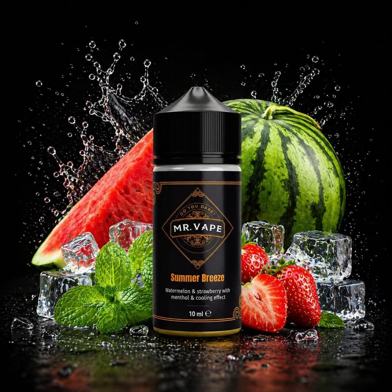 Vape juice bottle labeled “MR. VAPE” with Summer Breeze flavor, in front of watermelon, strawberries, mint, and ice.