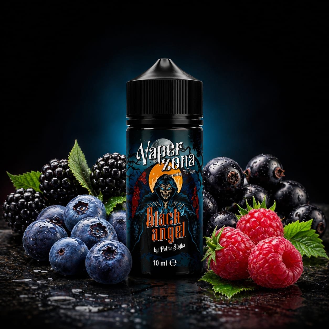 Vape bottle labeled 'Vapor Zone Black Angel' surrounded by blackberries, blueberries, and raspberries on a dark background.