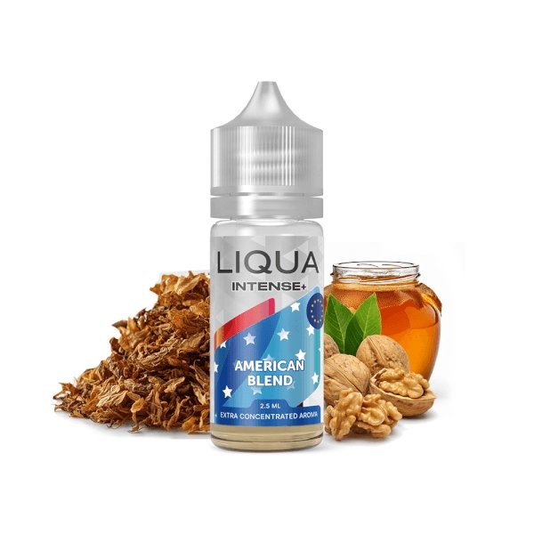 LIQUA Intense American Blend e-liquid bottle with tobacco leaves and honey walnuts behind it.