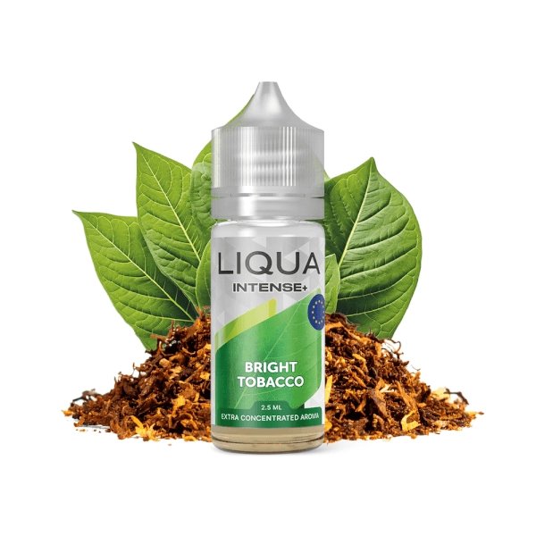 Liqua Intense+ Bright Tobacco e-liquid bottle with green label, surrounded by tobacco leaves and fragments of tobacco.