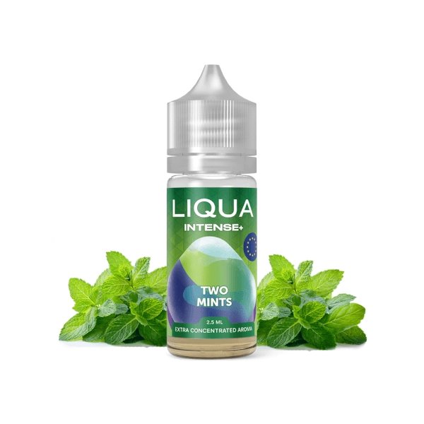 LIQUA Intense+ Two Mints e-liquid bottle with mint leaves behind it