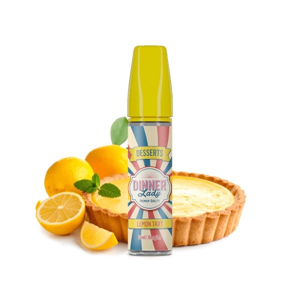 Bottle of Dinner Day Lemon Tart dessert flavoring standing beside a lemon tart pie and fresh lemons on a white background.