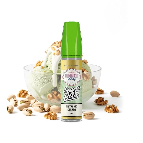 Bottle of Dinner Lady Dessert Bar Pistachio Gelato e-liquid with a bright green cap, positioned in front of a bowl of pistachio ice cream and scattered nuts.