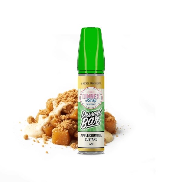 E-liquid bottle with a bright green cap labeled 'Dessert Bar' and apple crumble custard flavor, set beside crumble pieces.