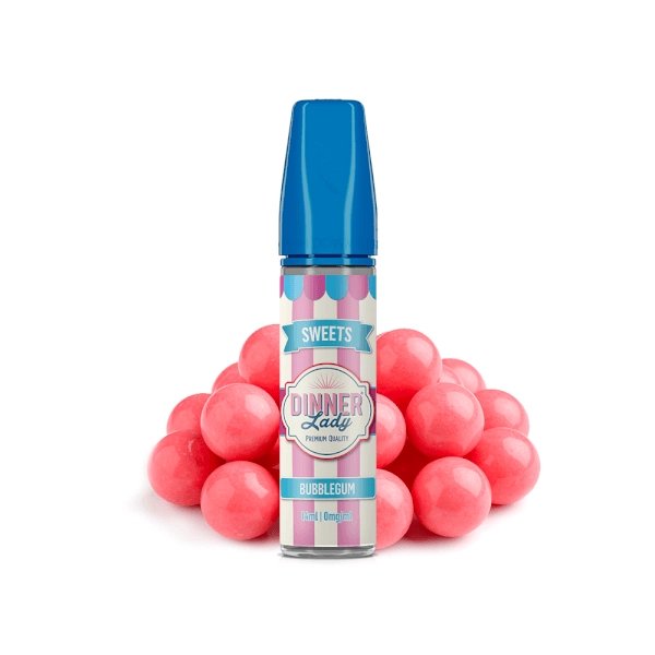 Bubblegum-flavored Dinner Lady e-liquid bottle standing upright with pink bubblegum balls behind.
