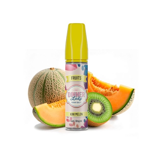 Bottle of Dinner Lady fruit e-liquid (Kiwi Melon) with a yellow cap, surrounded by kiwi and cantaloupe slices.