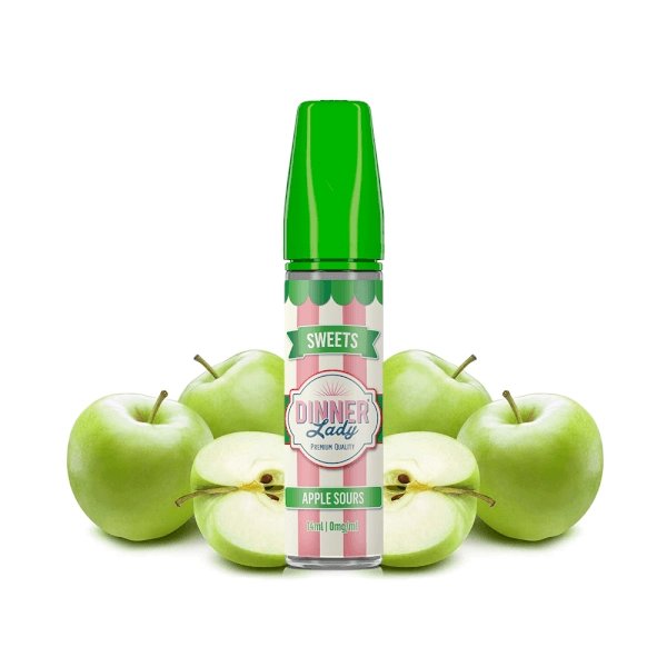 Dinner Lady Apple Sours e-liquid bottle with a green cap, flanked by green apples around it.