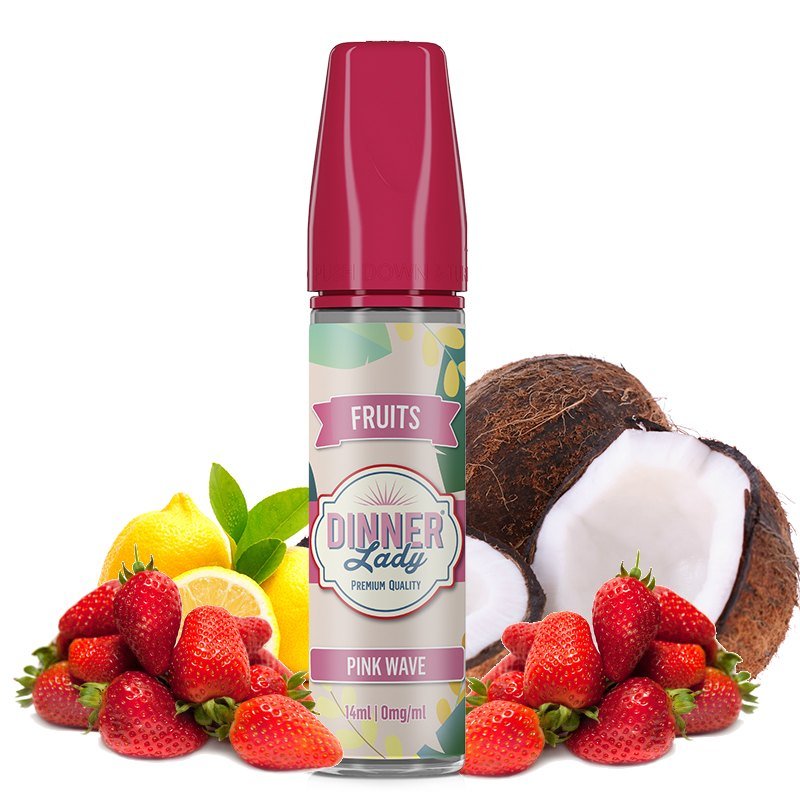 E-liquid bottle labeled 'Diner Lady' Pink Wave with a pink cap, surrounded by strawberries, lemon, and a halved coconut.