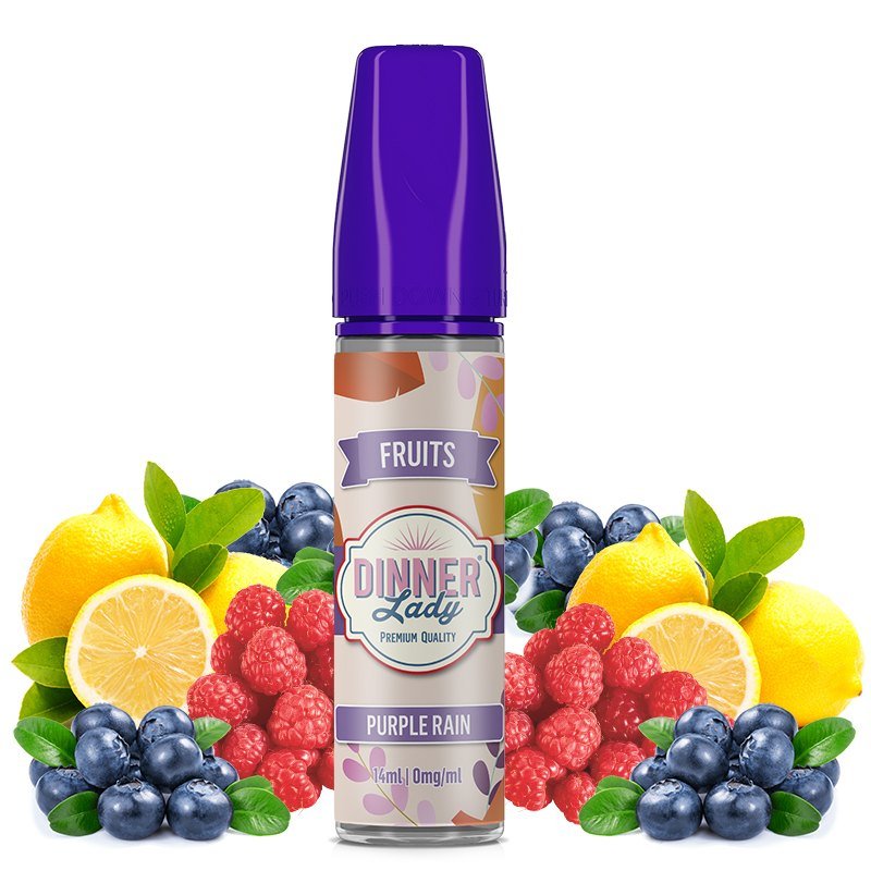 Vape juice bottle labeled Dinner Lady Purple Rain surrounded by lemons, blueberries, and raspberries.