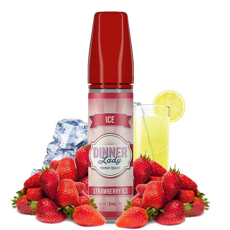 Dinner Lady Strawberry Ice e-liquid bottle with red cap, surrounded by strawberries, ice, and a lemon-glass.