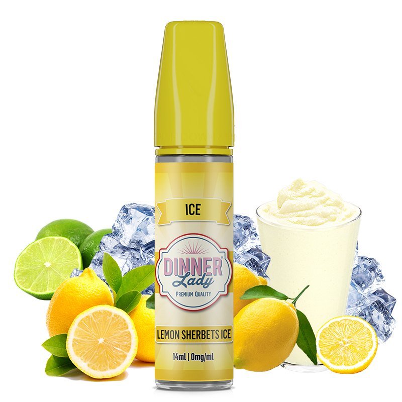E-liquid bottle labeled Lemon Sherbets Ice by Dinner Lady, surrounded by lemons, ice, and a glass of creamy drink.
