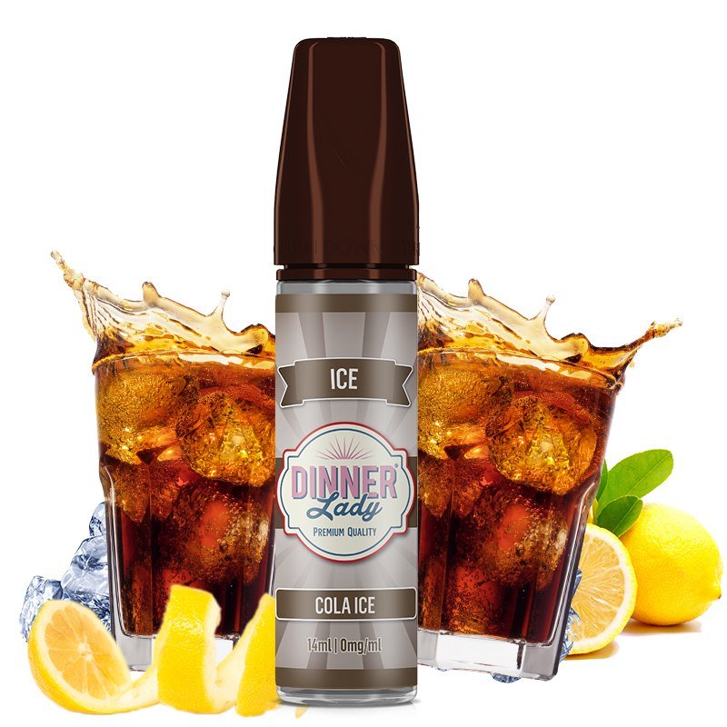 Bottle of Dinner Lady Cola Ice e-liquid with two iced cola glasses and lemon slices in the background, showing flavor and branding.