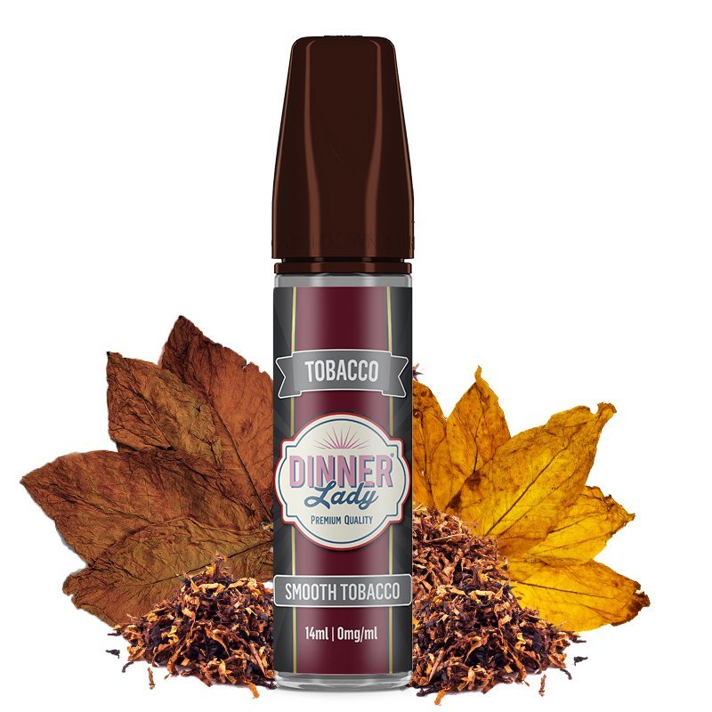 Bottle of Dinner Lady Smooth Tobacco e-liquid with tobacco leaves framing it, 14ml, 0mg/ml