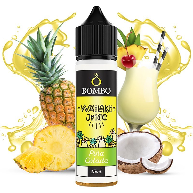 Bottle of Bombo Piña Colada flavored e-liquid with pineapple and coconut tropical background, including a pineapple slice and a creamy pina colada drink with straws.