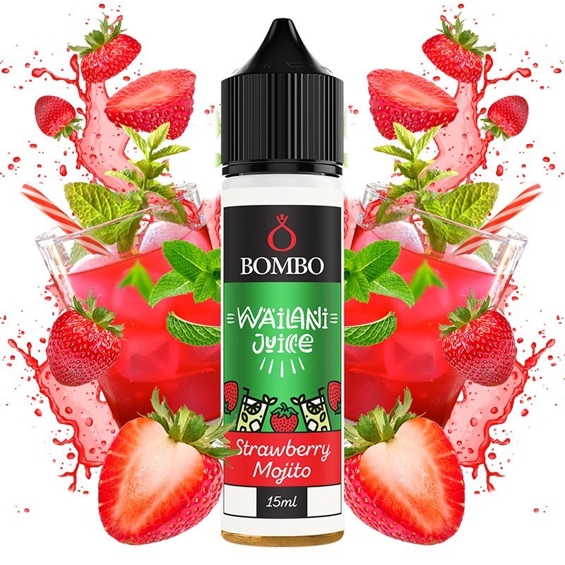 Bottle of Bombo Waigani Juice Strawberry Mojito e-liquid (15ml) centered with strawberries, mint, and pink splash background.