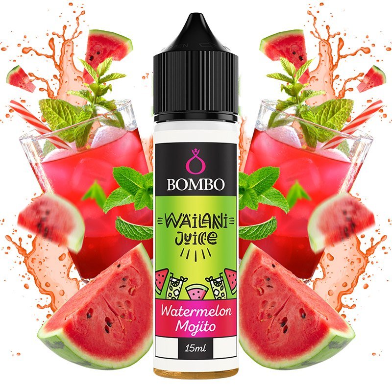 Watermelon Mojito e-liquid bottle by Bombo, 15ml, centered with watermelon slices and mint in the background, vibrant colors