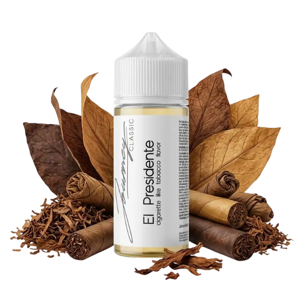 E-liquid bottle labeled 'President' with tobacco flavor, shown among dried tobacco leaves and cigars as a tobacco-themed backdrop.