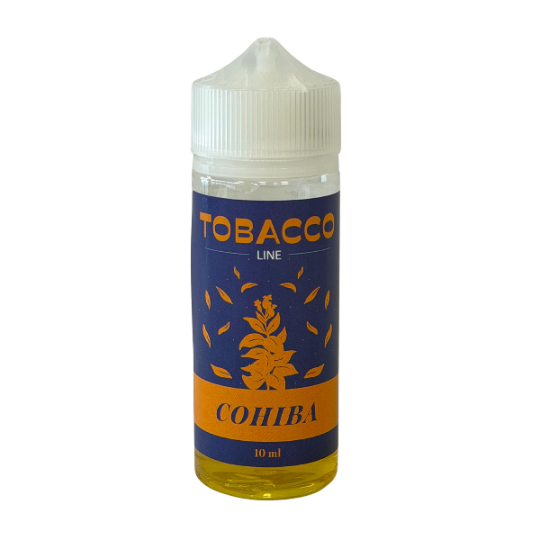Blue e-liquid bottle labeled TOBACCO LINE COHIBA, 10 ml, with a white caps and yellow liquid visible at the base