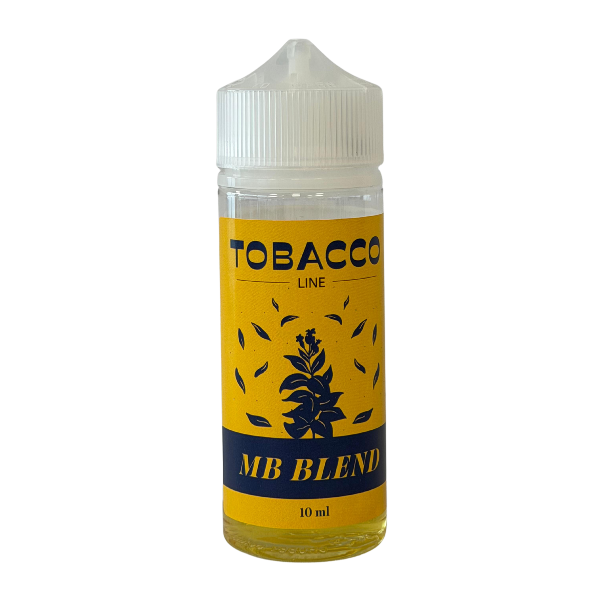 Yellow e-liquid bottle labeled 'TOBACCO LINE' with a blue 'MB BLEND' band and plant motif, 10 ml, white cap.