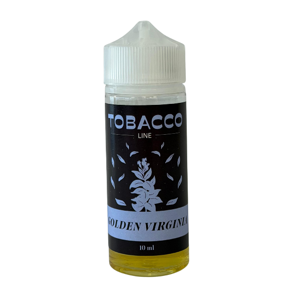 10 ml bottle of Golden Virgin e-liquid from the Tobacco Line, with a white cap and yellow liquid visible at the bottom.