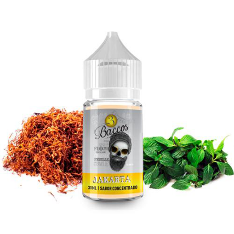 Vape juice bottle labeled Jakarta with skull logo, flanked by dried saffron and fresh mint leaves on a white background